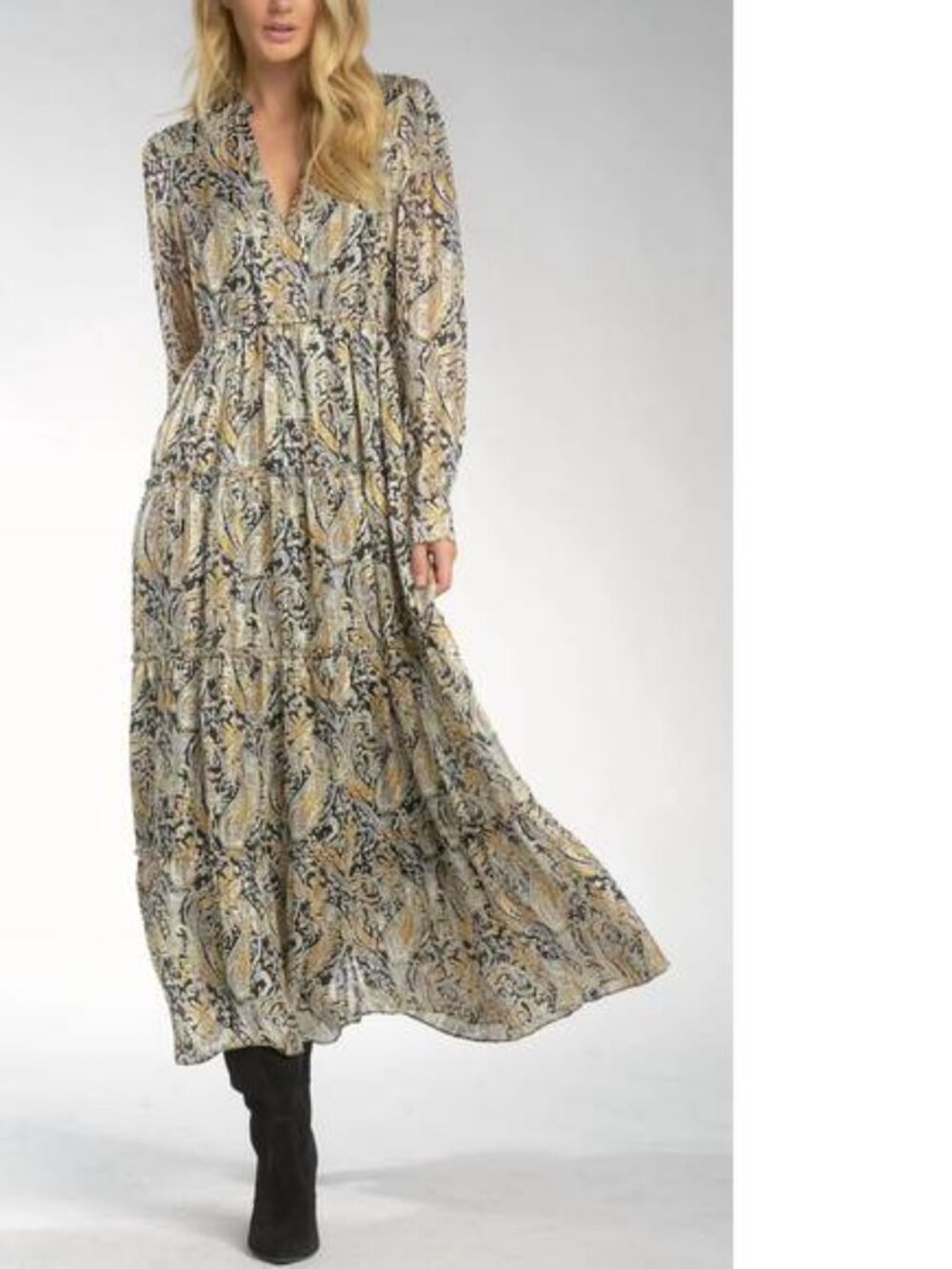 ELAN Midi V Neck Black Paisley Long Sleeve Dress